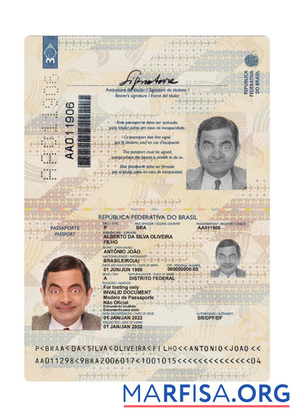 Blank Brazil passport 2022 present example